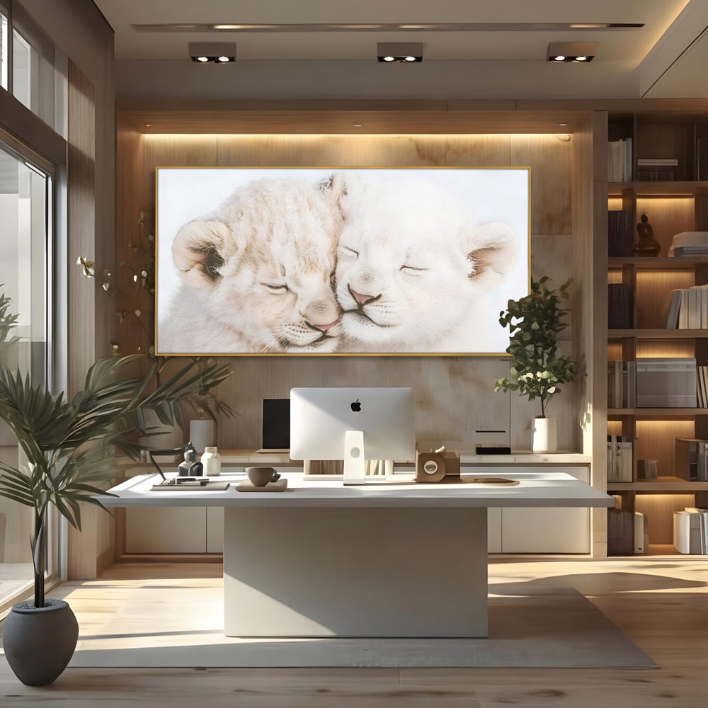 Tablou canvas cu doi pui de leu dormind imbratisati, in rama de aluminiu auriu, pe perete intr-un birou